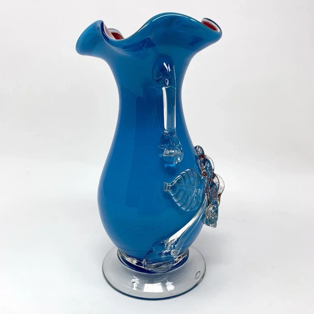 Antique Stevens & Williams Blown Glass Vase Applied Flower Cased Red Rim